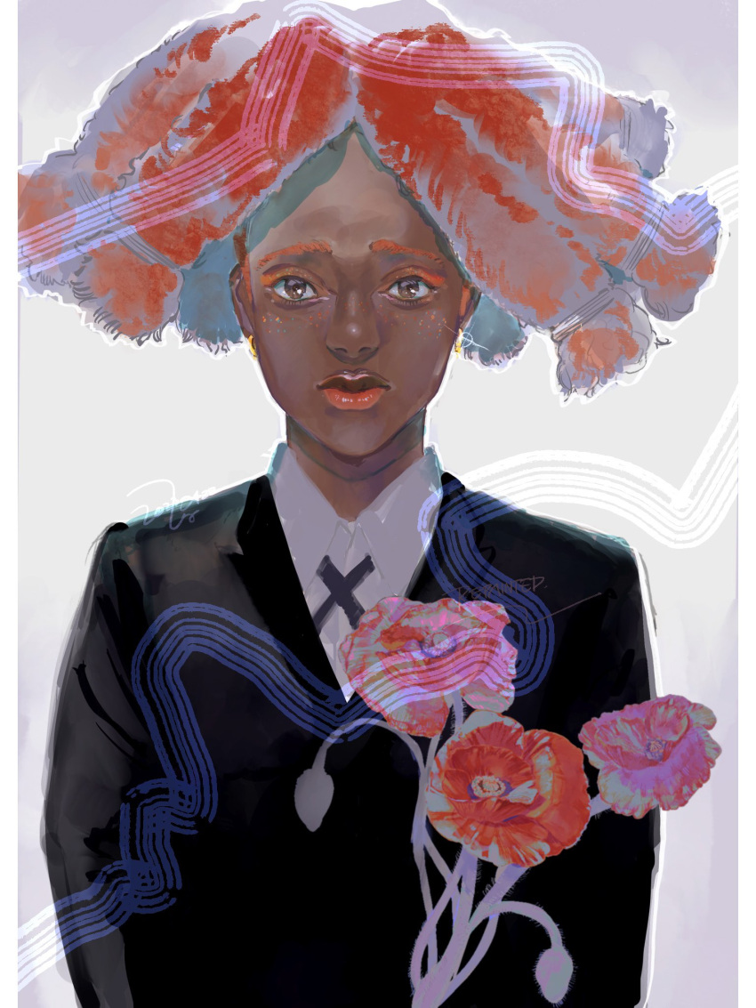 1girl almostghost black_suit braid brown_eyes butler canary_(hunter_x_hunter) dark-skinned_female dark_skin earrings expressionless female_butler flower formal freckles highres holding holding_flower hunter_x_hunter jewelry looking_at_viewer red_hair shirt simple_background solo suit white_background white_shirt