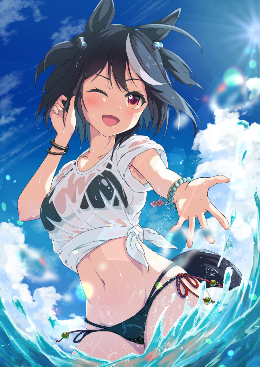 1girl ahoge animal_ears bead_bracelet beads bikini bikini_under_clothes black_bikini black_hair blush bracelet breasts cloud commentary_request day gamyuu_(gamyu) groin hand_up highres horse_ears horse_girl horse_tail jewelry kitasan_black_(umamusume) lens_flare looking_at_viewer multi-strapped_bikini multicolored_hair navel ocean one_eye_closed open_mouth outdoors partial_commentary red_eyes shirt short_hair sleeves_rolled_up small_breasts smile solo splashing streaked_hair sun swimsuit tail tied_shirt two_side_up umamusume wading water wet wet_clothes wet_shirt