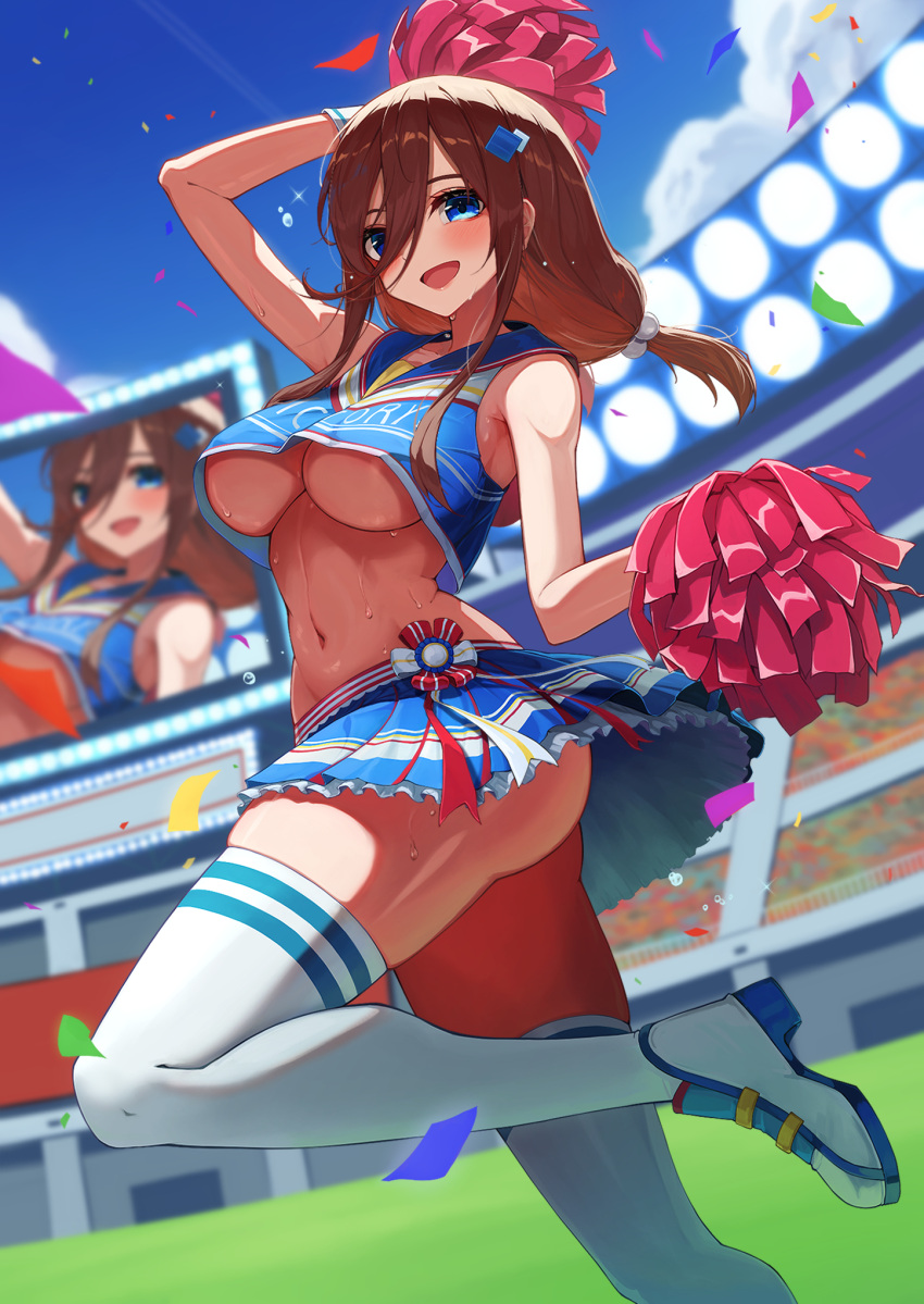 1girl :d arm_up blue_eyes blue_shirt blue_skirt blue_sky breasts brown_hair commentary_request confetti crop_top crowd day go-toubun_no_hanayome hair_between_eyes highres hiyoku holding holding_pom_poms large_breasts long_bangs long_hair looking_at_viewer low-tied_long_hair midriff nakano_miku navel outdoors pleated_skirt pom_pom_(cheerleading) print_shirt screen shirt skirt sky sleeveless sleeveless_shirt smile solo_focus stadium stadium_lights standing standing_on_one_leg sweat thighhighs underboob white_footwear white_thighhighs