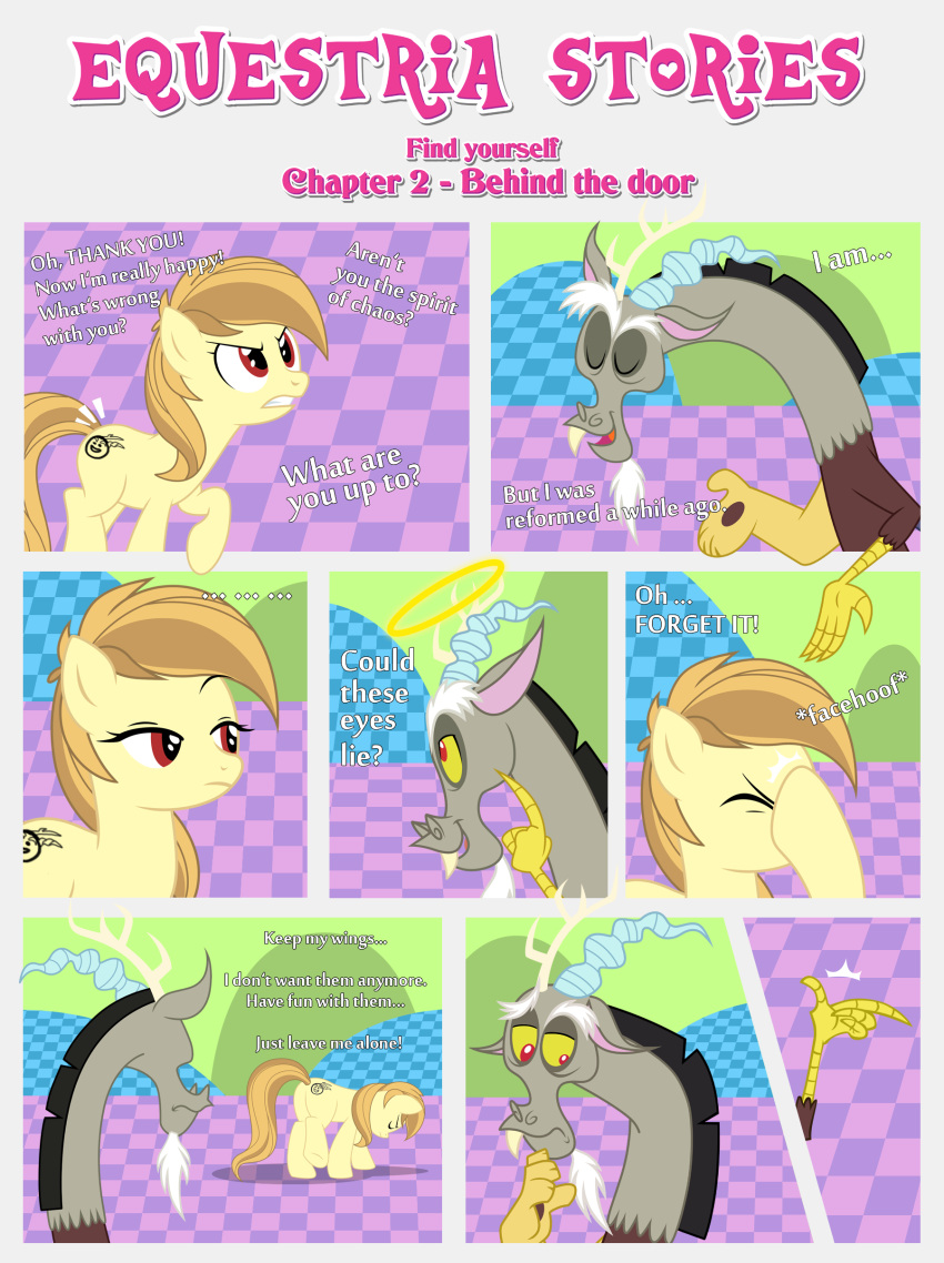 absurd_res alice_goldenfeather_(estories) angry anthro black_border border chimera dialogue discord_(mlp) draconequus duo ears_down ears_up equid equine estories female feral friendship_is_magic frown hasbro hi_res hill male mammal my_little_pony no_cutiemark no_wings pegasus pivoted_ears sad skeptical snapping_fingers wings