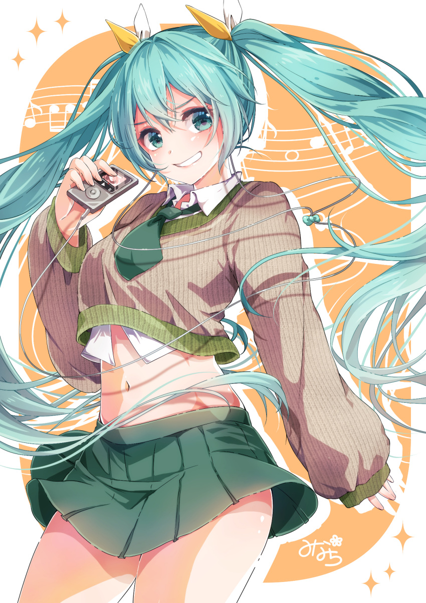 1girl arm_at_side beamed_eighth_notes border bow breasts brown_sweater collared_shirt cowboy_shot cropped_shirt cropped_sweater digital_media_player dot_nose dress_shirt earbuds earphones eighth_note facing_viewer fingernails green_eyes green_hair green_necktie green_skirt grin hair_bow hand_up hatsune_miku highres long_hair medium_breasts midriff musical_note navel necktie orange_background orange_bow outline pleated_skirt ribbed_sweater shidou_riko shirt sideways_glance signature simple_background skirt smile solo sparkle_background staff_(music) sweater tareme thick_thighs thighs twintails two-tone_bow very_long_hair vocaloid white_border white_bow white_outline white_shirt