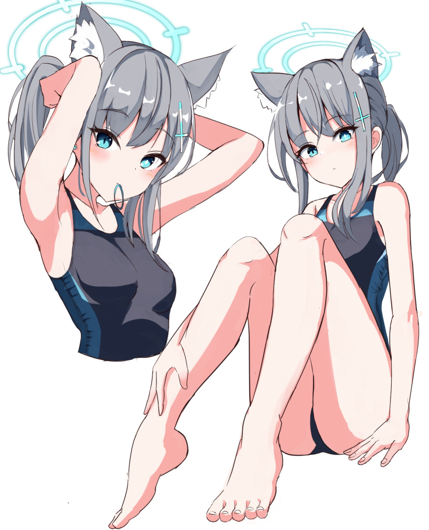 1girl adjusting_hair animal_ear_fluff animal_ears bare_arms barefoot black_one-piece_swimsuit blue_archive blue_eyes blue_halo commentary_request cross cross_hair_ornament grey_hair hair_ornament halo highres inverted_cross knees_up lapis_(gulala375) mismatched_pupils official_alternate_costume official_alternate_hairstyle one-piece_swimsuit ponytail shiroko_(blue_archive) shiroko_(swimsuit)_(blue_archive) simple_background sitting solo swimsuit toes upper_body white_background wolf_ears wolf_girl