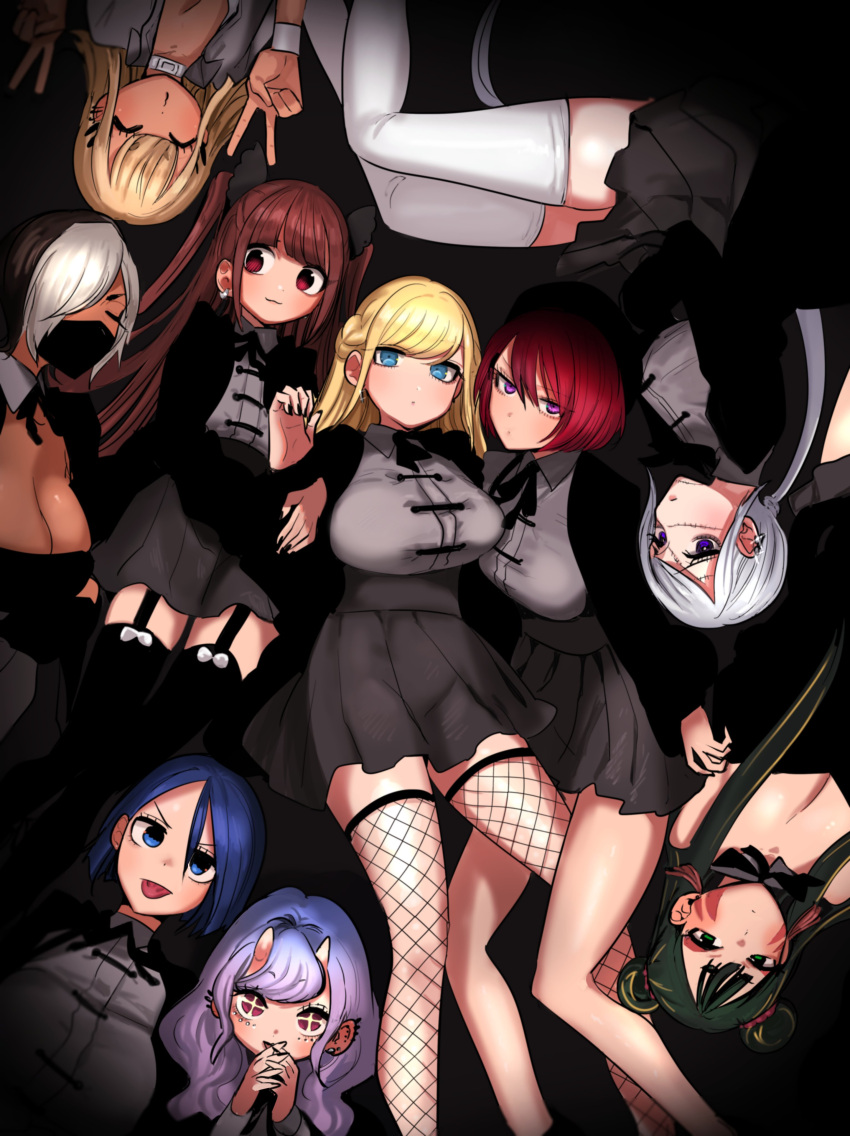 6+girls absurdres alice_lendrott black_background black_jacket black_skirt blonde_hair blue_eyes blue_hair breasts brown_hair caph cleavage closed_eyes cross-shaped_pupils daleth_(shinigami_bocchan_to_kuro_maid) dark-skinned_female dark_skin dot_mouth double_bun double_v earrings fishnet_thighhighs fishnets green_eyes green_hair grey_shirt hair_bun highres horns inoue_koharu jacket jewelry keto_(shinigami_bocchan_to_kuro_maid) light_purple_hair long_hair looking_at_viewer lying mask mouth_mask multiple_girls official_art on_back on_side oni_horns open_clothes open_jacket purple_eyes red_eyes red_hair shinigami_bocchan_to_kuro_maid shirt short_hair skirt stitched_face stitches symbol-shaped_pupils teto_(shinigami_bocchan_to_kuro_maid) thighhighs tongue tongue_out two_side_up v viola_(shinigami_bocchan_to_kuro_maid) white_hair