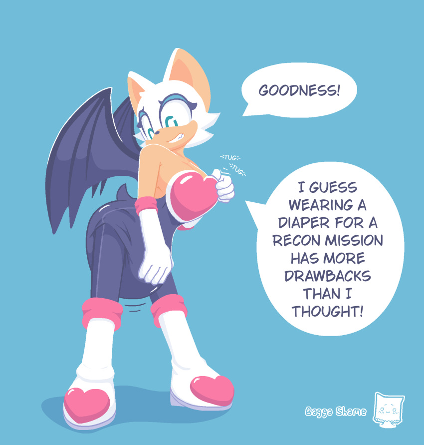 armwear baggashame bare_shoulders bat bat_wings boots breasts cleavage clenched_teeth clothed clothing diaper elbow_gloves english_text female footwear gloves handwear hi_res looking_down mammal membrane_(anatomy) membranous_wings rouge_the_bat sagging_diaper sega simple_background skinsuit solo sonic_the_hedgehog_(series) speech_bubble standing teeth text tight_clothing tugging_clothing watermark wings