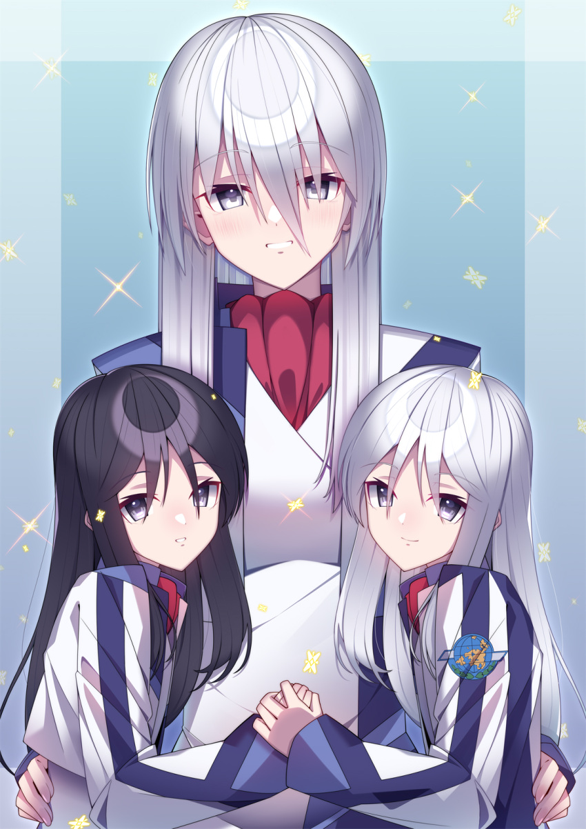 3girls age_difference ascot black_hair blue_shirt character_request grey_eyes grey_hair hair_between_eyes hair_over_eyes highres holding_hands long_bangs long_hair mate_(oktavia1121) multiple_girls open_mouth red_ascot shirt soukyuu_no_fafner straight_hair tagme tatekami_seri white_shirt