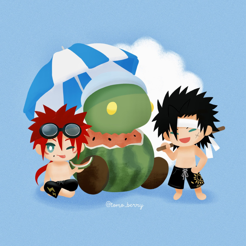 2boys alternate_costume beach_umbrella black_hair black_headwear black_male_swimwear blue_background chibi closed_eyes cloud commentary_request cross_scar crossed_legs facial_mark final_fantasy final_fantasy_vii final_fantasy_vii_ever_crisis food fruit goggles goggles_on_head green_eyes hand_on_own_hip happy headband highres holding holding_food holding_stick long_hair low_ponytail male_focus male_swimwear multiple_boys no_shoes official_alternate_costume one_eye_closed open_mouth over_shoulder ponytail red_hair reno_(ff7) scar scar_on_face short_hair signature simple_background sitting smile spiked_hair standing stick summer swim_trunks swimsuit tomoberry tonberry tongue tongue_out topless_male umbrella watermelon watermelon_seeds watermelon_slice weapon weapon_over_shoulder white_headband zack_fair