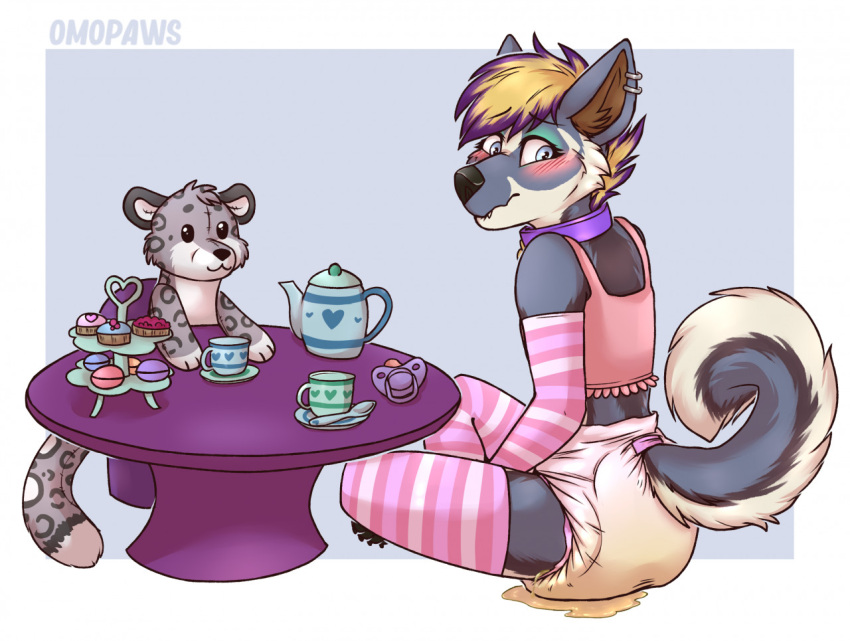 anthro blush blush_lines canid canine canis caught caught_by_surprise clothed clothing diaper diaper_use domestic_dog embarrassed husky leaking_diaper leaking_urine legwear looking_at_viewer male mammal nordic_sled_dog omopaws solo spitz stockings tea_party wearing_diaper