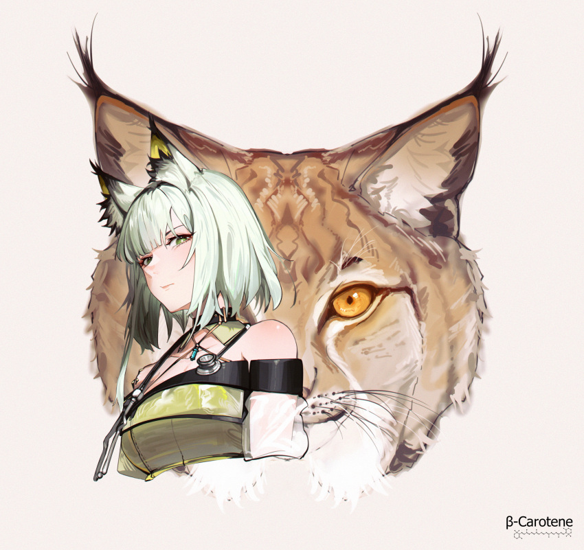 1girl absurdres animal animal_ear_fluff animal_ears arknights bare_shoulders breasts cleavage closed_mouth collarbone commentary cropped_torso dress green_dress green_eyes grey_background grey_hair highres kal'tsit_(arknights) looking_at_viewer lufi_ays lynx lynx_(animal) medium_breasts orange_eyes simple_background solo upper_body