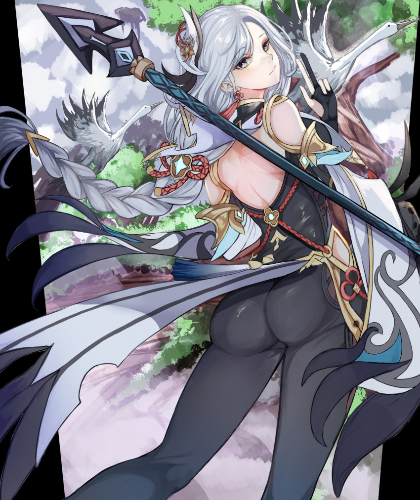 1girl absurdres ass back_cutout bare_back bare_shoulders bird black_gloves bodystocking clothing_cutout commentary_request crane_(animal) feet_out_of_frame genshin_impact gloves grey_eyes grey_hair hair_ornament highres long_braid long_hair looking_at_viewer nui_gurumi shenhe_(genshin_impact) shoulder_cutout solo very_long_hair