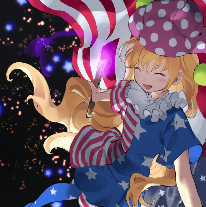 1girl american_flag_dress american_flag_legwear blonde_hair blush closed_eyes clownpiece dress hat highres holding holding_torch jester_cap kaigen_1025 long_hair open_mouth pants pink_headwear polka_dot polka_dot_headwear short_sleeves smile solo star_(symbol) star_print striped striped_dress striped_pants torch touhou