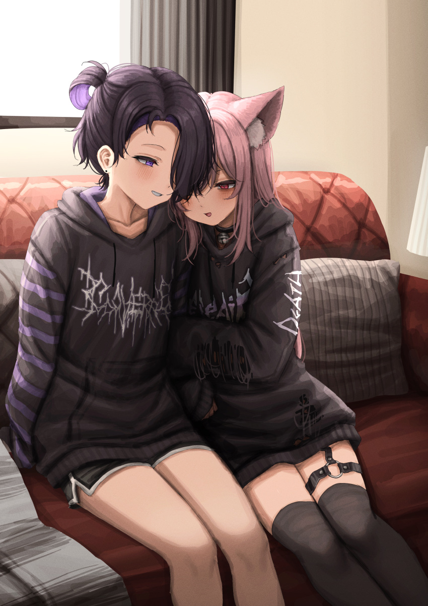 2girls absurdres arm_hug bell black_thighhighs blush commission hair_over_one_eye highres holding_another's_arm hood hood_down hoodie indoors lobsteranian long_hair multiple_girls neck_bell original pink_hair purple_eyes purple_hair red_eyes short_hair shorts sitting thighhighs torn_clothes yuri