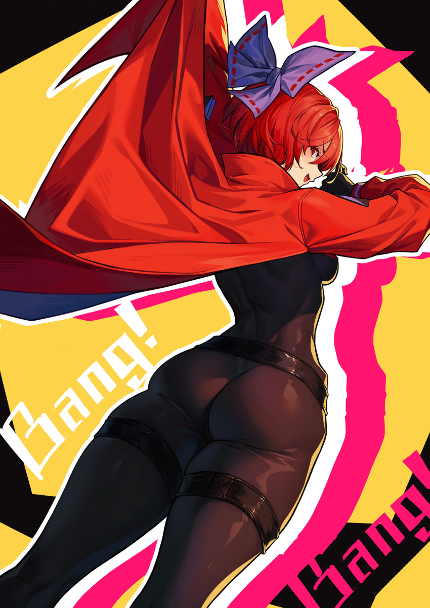 1girl akatsuki_records ass belt blue_bow bow breasts cape from_below hair_bow highres joker_(stjoker) large_breasts looking_back open_mouth outline profile red_cape red_eyes red_hair rock_'n'_rock_'n'_beat sekibanki short_hair simple_background solo thigh_strap touhou white_outline