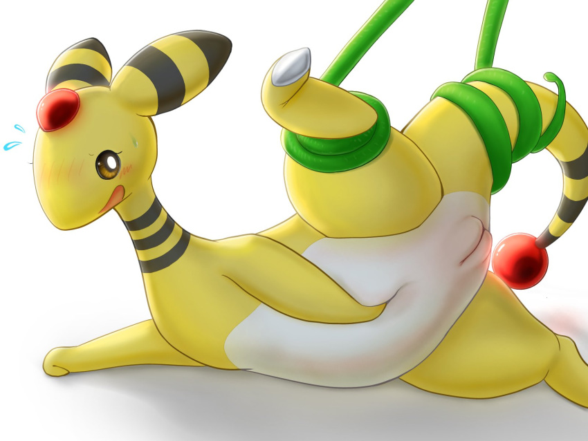 2023 4:3 ampharos black_stripes blush bodily_fluids digital_media_(artwork) eyelashes feet female feral flustered flying_sweatdrops forced_spreading forced_spreading_legs forehead_gem generation_2_pokemon genitals hand_on_own_belly hand_on_stomach hi_res horn k-dra61 looking_at_viewer lying markings nintendo nude on_side one_leg_up open_mouth plant plump_labia pokemon pokemon_(species) pussy raised_leg restrained simple_background solo spread_legs spreading striped_horn striped_markings striped_neck striped_tail stripes sweat sweatdrop tail tail_gem tail_markings thick_thighs tongue vine_bondage vines white_background white_body yellow_body