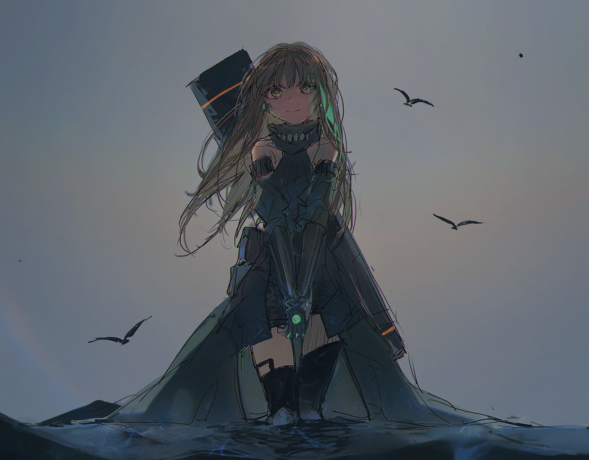 1girl bird blueblossom brown_hair detached_sleeves girls'_frontline green_hair highres in_water long_hair m4a1_(girls'_frontline) multicolored_hair own_hands_together smile solo zettai_ryouiki