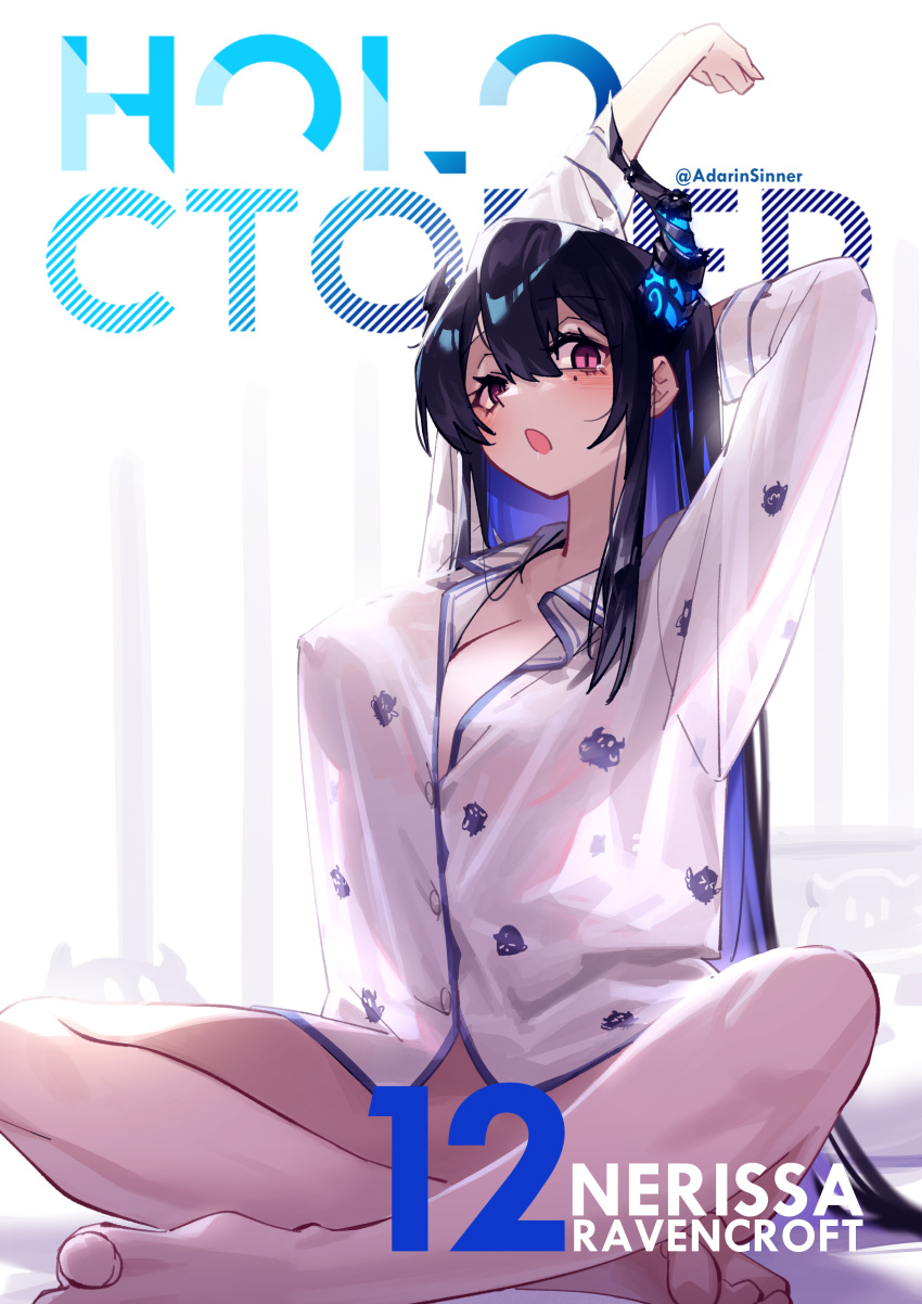 1girl absurdres adarin asymmetrical_horns black_hair blue_hair breasts cleavage collared_shirt colored_inner_hair covered_nipples crossed_legs crystal_horn demon_horns hair_ornament highres hololive hololive_english horn_flower horns large_breasts legs long_hair long_sleeves looking_at_viewer mole mole_under_eye multicolored_hair nerissa_ravencroft nipples no_bra no_panties pajamas red_eyes see-through shirt sitting slit_pupils solo split-color_hair straight_hair stretching swept_bangs tassel tassel_hair_ornament two-tone_hair uneven_horns very_long_hair virtual_youtuber white_shirt