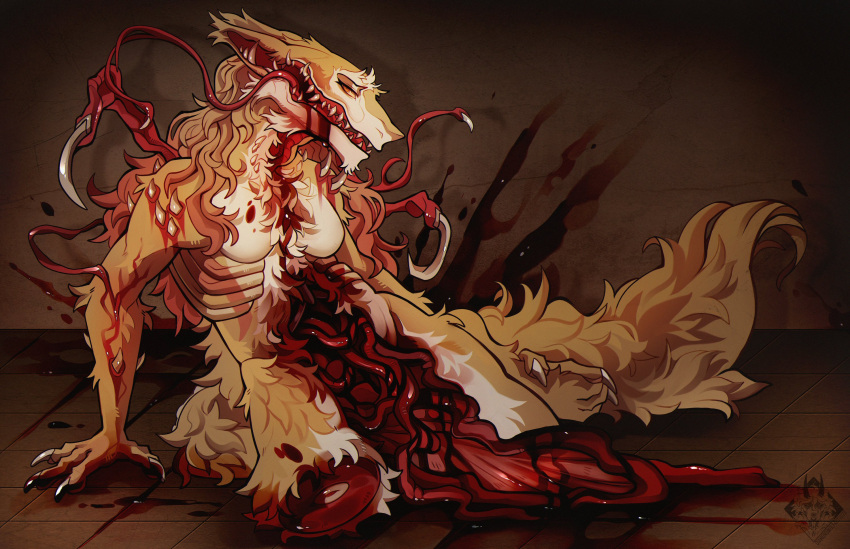 anthro blood bodily_fluids body_horror breasts brown_body brown_fur claws countershade_face countershade_fur countershade_torso countershading diamondwolf female fur gore guts hi_res organs sergal sharp_teeth solo teeth