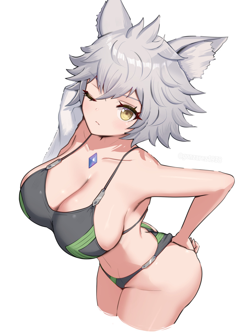 1girl absurdres animal_ears ass bikini black_bikini breasts cat_ears cat_girl chest_jewel core_crystal_(xenoblade) crystal from_above gonzarez highres large_breasts looking_at_viewer messy_hair na'el_(xenoblade) one_eye_closed short_hair simple_background solo swimsuit thighs towel xenoblade_chronicles_(series) xenoblade_chronicles_3 xenoblade_chronicles_3:_future_redeemed yellow_eyes