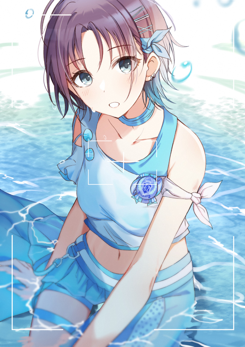 1girl :o arm_support asakura_toru blue_choker blush breasts choker collarbone cropped_shirt earrings gradient_hair hal_ogura highres idolmaster idolmaster_shiny_colors jewelry looking_at_viewer medium_breasts multicolored_hair navel parted_bangs purple_eyes refraction shallow_water short_hair sitting solo stomach thigh_strap viewfinder water