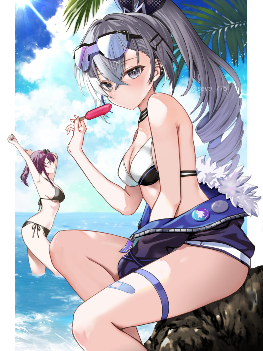 arms_up badge bare_shoulders beach bikini black_bikini black_jacket blue_sky blush breasts button_badge cleavage collarbone crossed_bangs drill_ponytail eyewear_on_head goggles grey_eyes grey_hair hair_ornament hairclip high_ponytail highres honkai:_star_rail honkai_(series) jacket kafka_(honkai:_star_rail) large_breasts long_hair long_sleeves looking_at_viewer medium_breasts ocean off_shoulder palm_leaf purple_eyes purple_hair rock seiru_(prairie) shore silver_wolf_(honkai:_star_rail) sitting sky sunglasses swimsuit thighs tinted_eyewear white_bikini