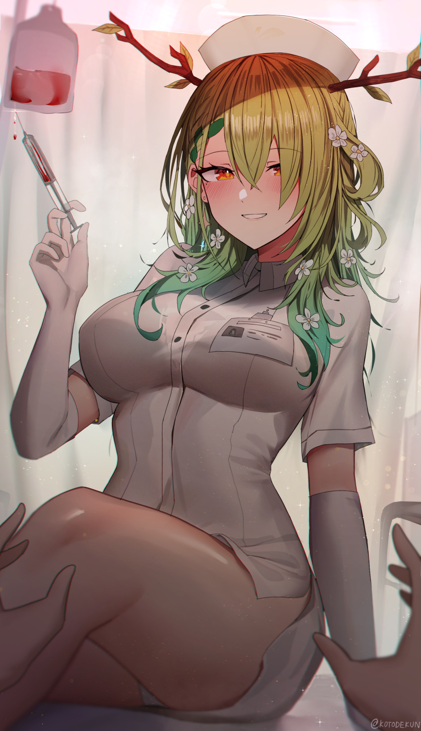 1girl 1other absurdres alternate_costume antlers blood blood_bag breasts ceres_fauna curtains dress elbow_gloves flower gloves green_hair grin hair_flower hair_ornament hat highres holding holding_syringe hololive hololive_english id_card infirmary kotodekun large_breasts long_hair looking_at_viewer nurse nurse_cap panties panty_peek pov pov_hands short_dress sitting smile syringe thighs underwear uniform virtual_youtuber white_dress white_flower white_gloves yellow_eyes