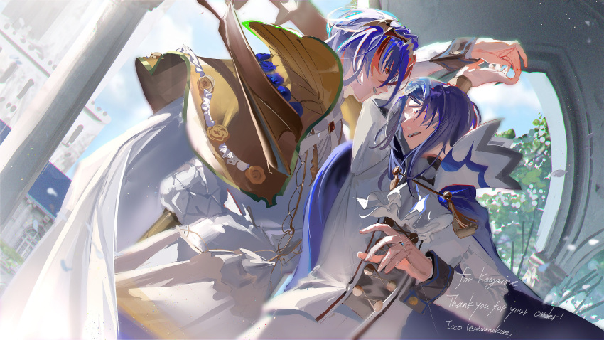2boys absurdres alcryst_(fire_emblem) alear_(fire_emblem) alear_(male)_(fire_emblem) ascot asymmetrical_hair blue_cape blue_hair cape circlet closed_eyes commission fire_emblem fire_emblem_engage high_collar highres jewelry long_sleeves looking_at_another male_focus multicolored_hair multiple_boys red_eyes red_hair ring smile split-color_hair two-tone_hair ubwmitekure white_ascot white_cape yaoi