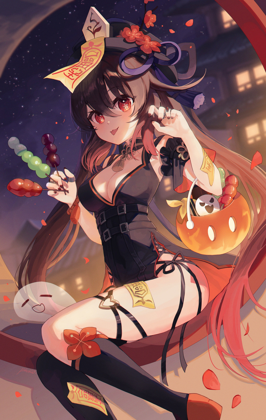 1girl :3 :p absurdres alternate_costume architecture black_dress black_headwear black_socks boo_tao_(genshin_impact) breasts brown_hair china_dress chinese_clothes claw_pose cleavage commentary_request dress east_asian_architecture flower flower-shaped_pupils foot_out_of_frame genshin_impact ghost gradient_hair hair_between_eyes halloween halloween_bucket hands_up hat hat_flower highres holding holding_skewer hu_tao_(genshin_impact) kneehighs long_hair looking_at_viewer multicolored_hair neck_tassel night night_sky ofuda petals pistachiocream porkpie_hat red_bracelet red_eyes red_hair side_slit sitting skewer sky sleeveless sleeveless_dress socks solo symbol-shaped_pupils tongue tongue_out very_long_hair