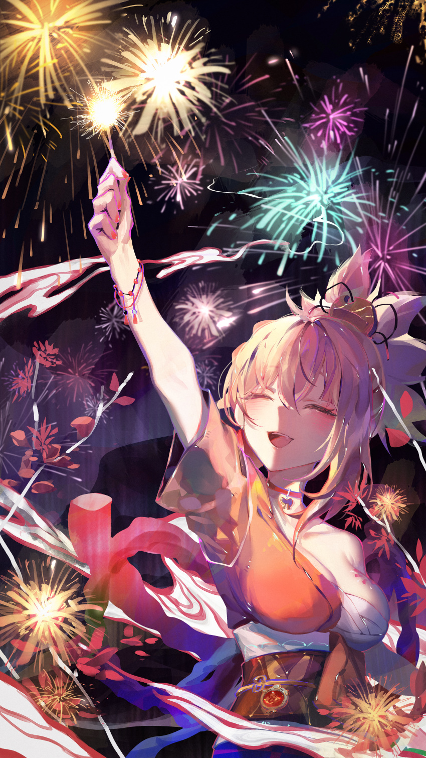 1girl absurdres arm_up bandages bead_bracelet beads blonde_hair bracelet breasts butterfly_choker chest_sarashi chest_tattoo choker cleavage closed_eyes cocoballking collarbone dark_background fireworks flower_tattoo genshin_impact hadanugi_dousa happy highres holding_fireworks japanese_clothes jewelry kimono medium_breasts obi obiage obijime open_mouth orange_kimono outstretched_arm red_choker red_nails rope sarashi sash shimenawa sidelocks solo sparkler tattoo topknot upper_body vision_(genshin_impact) yoimiya_(genshin_impact)