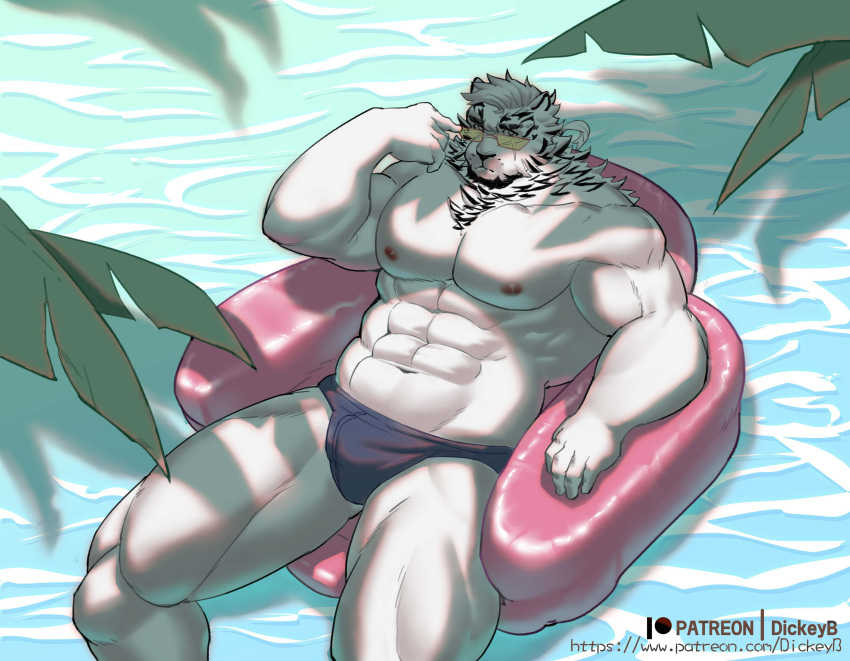 1boy abs absurdres alternate_costume animal_ears arknights bara blue_male_swimwear bulge facial_hair from_above furry furry_male goatee highres large_pectorals leng_xiaoyu looking_at_viewer male_focus male_swimwear mature_male mountain_(arknights) muscular muscular_male navel nipples on_innertube palm_tree pectorals scar scar_across_eye short_hair solo stomach strongman_waist swim_briefs thick_eyebrows thick_thighs thighs tiger_boy tiger_ears topless_male tree tree_shade water white_fur white_hair