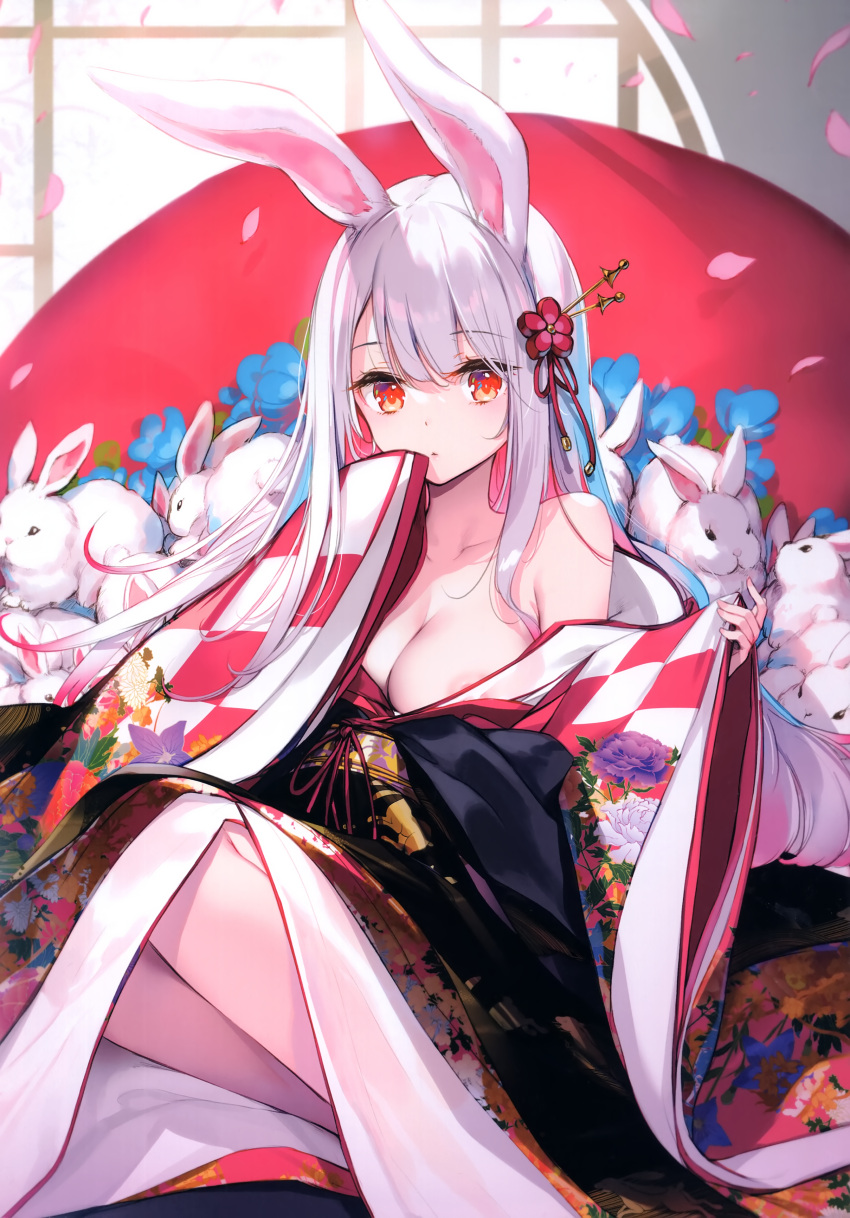 1girl :&lt; absurdres animal_ears areola_slip bare_shoulders blunt_bangs blush breasts checkered_clothes checkered_kimono cleavage closed_mouth collarbone flower hair_flower hair_ornament highres imperishable_night japanese_clothes ke-ta kimono large_breasts long_hair looking_at_viewer non-web_source obi off_shoulder petals rabbit rabbit_ears rabbit_girl red_eyes reisen_udongein_inaba sash scan sitting sleeves_past_wrists solo touhou very_long_hair white_hair wide_sleeves yokozuwari
