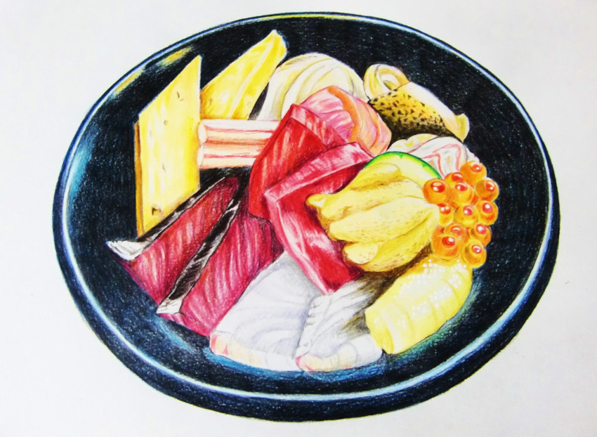 bowl colored_pencil_(medium) fish_(food) food food_focus highres manmosu-0607 no_humans original realistic roe simple_background still_life traditional_media white_background