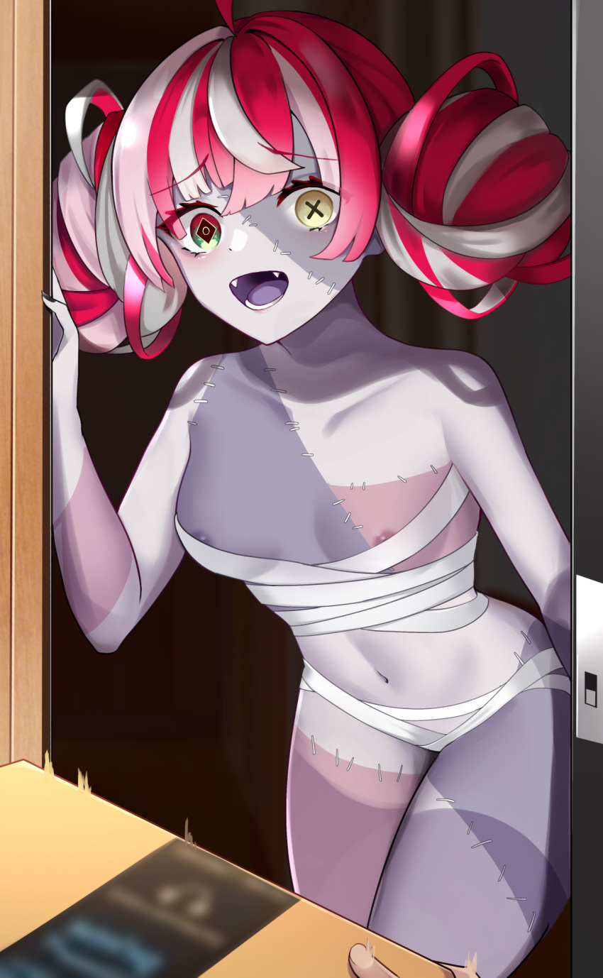 1girl ahoge areola_slip bandages breasts colored_skin delivery double_bun grey_hair grey_skin hair_bun heterochromia highres hololive hololive_indonesia kureiji_ollie looking_at_viewer masaki_nanaya multicolored_hair multicolored_skin naked_bandage navel open_door open_mouth packet patchwork_skin pov_doorway red_eyes red_hair small_breasts solo_focus stitched_arm stitched_face stitched_leg stitched_torso stitches symbol-shaped_pupils two-tone_skin virtual_youtuber x-shaped_pupils yellow_eyes zombie