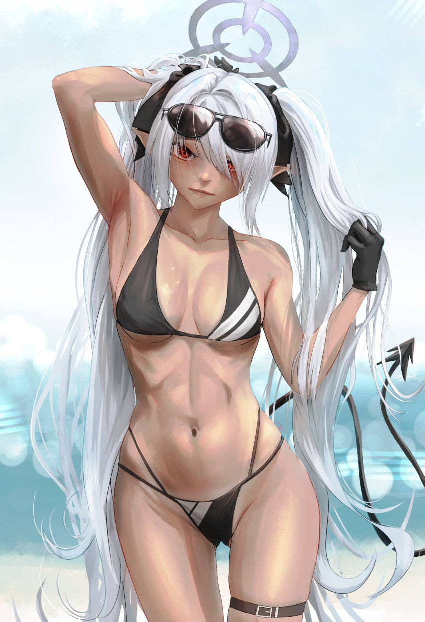 1girl adjusting_hair ass_visible_through_thighs beach belt bikini black_bikini black_gloves blue_archive blurry breasts cleavage collarbone commentary dark-skinned_female dark_skin demon_girl demon_tail depth_of_field english_commentary eyewear_on_head gloves grey_hair hair_over_one_eye hair_ribbon halo highres holding holding_hair iori_(blue_archive) iori_(swimsuit)_(blue_archive) long_hair looking_at_viewer navel ocean official_alternate_costume pointy_ears rair red_eyes ribbon sidelocks sleeveless solo stomach sunglasses swimsuit tail thigh_belt thigh_strap thighlet twintails wind