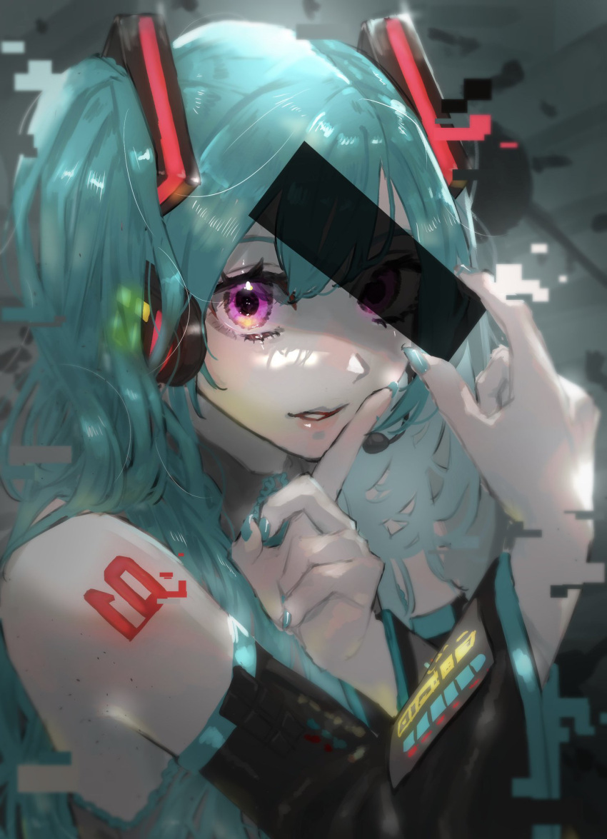 1girl aqua_hair bar_censor bare_shoulders censored hatsune_miku headphones highres long_hair looking_at_viewer nail_polish pink_eyes shirt sleeveless sleeveless_shirt solo tokumei_m_(vocaloid) tora_toraoooo twintails upper_body v4x very_long_hair vocaloid