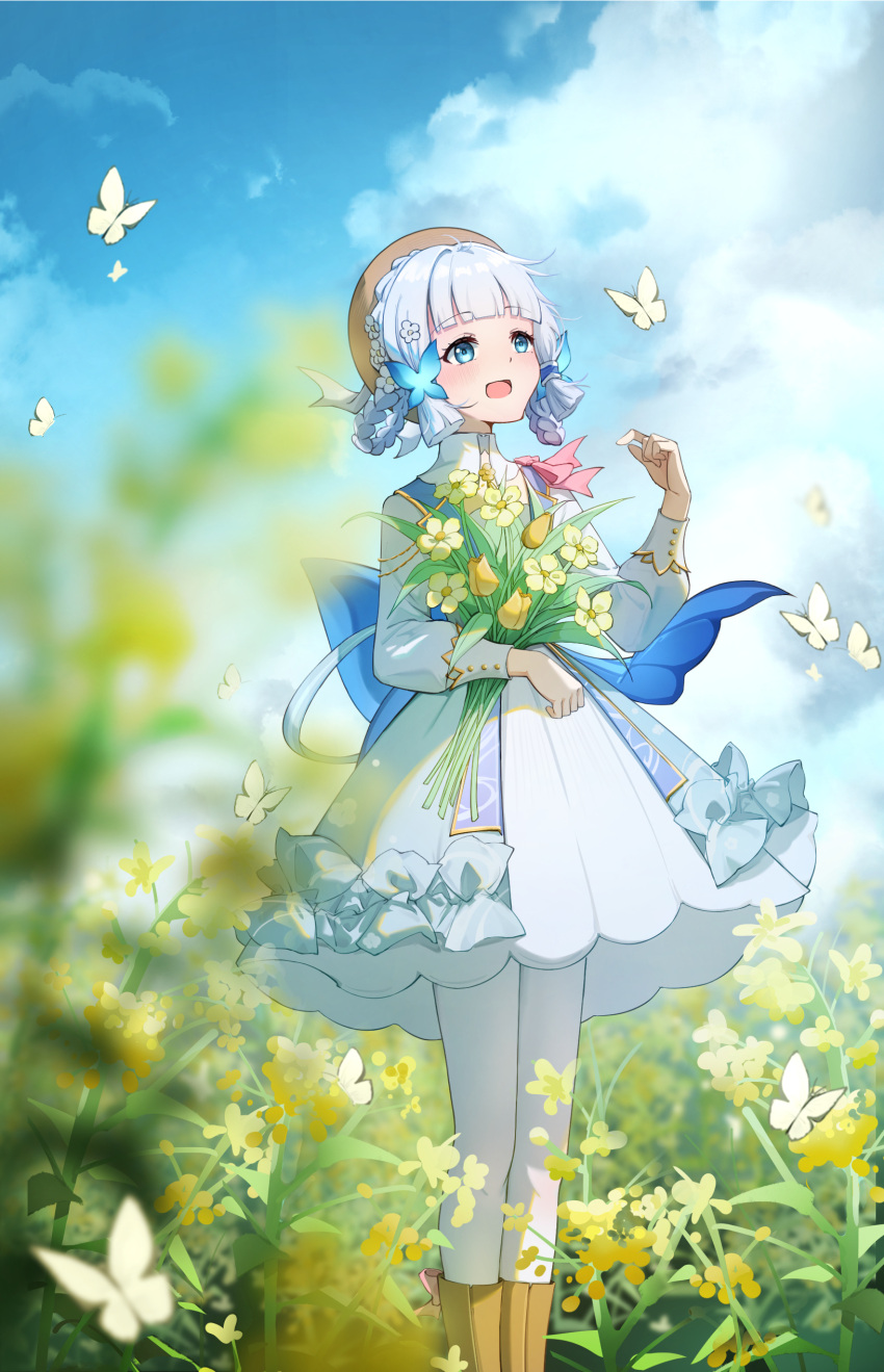 1girl absurdres ankle_boots back_bow blue_bow blunt_bangs blunt_tresses boots bouquet bow braid brown_footwear bug butterfly butterfly_hair_ornament collar commentary dress feet_out_of_frame field flower flower_field genshin_impact hair_flower hair_ornament hat hat_ribbon high_collar highres holding holding_bouquet kamisato_ayaka kamisato_ayaka_(springbloom_missive) long_sleeves midori_(user_jtzt8357) official_alternate_costume official_alternate_hairstyle pantyhose puffy_long_sleeves puffy_sleeves rapeseed_blossoms ribbon solo standing white_collar white_dress white_pantyhose white_ribbon