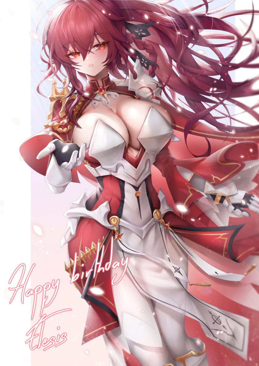 1girl absurdres armor armored_boots armored_gloves been boots braid breasts cape cleavage elesis_(elsword) elsword empire_sword_(elsword) english_text gem gloves gold_trim hair_ornament highres huge_breasts long_hair looking_at_viewer pantyhose ponytail raised_eyebrows reaching reaching_towards_viewer red_eyes red_gemstone red_hair shoulder_armor simple_background solo very_long_hair white_pantyhose