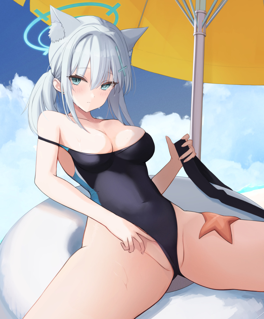 1girl absurdres animal_ear_fluff animal_ears beach_umbrella black_one-piece_swimsuit blue_archive blue_eyes blue_sky breasts cleavage clothes_pull cloud competition_swimsuit covered_navel cross_hair_ornament e-na extra_ears grey_hair hair_ornament halo highleg highleg_swimsuit highres low_ponytail medium_breasts medium_hair mismatched_pupils multicolored_clothes multicolored_swimsuit official_alternate_costume one-piece_swimsuit one-piece_swimsuit_pull shiroko_(blue_archive) shiroko_(swimsuit)_(blue_archive) sitting sky solo spread_legs starfish swimsuit umbrella wolf_ears yellow_umbrella
