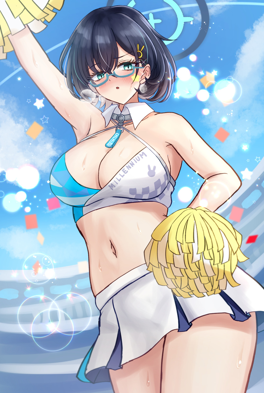 1girl absurdres alternate_costume arm_up armpits black_hair blue-framed_eyewear blue_archive blush breasts breath chihiro_(blue_archive) cleavage confetti facepaint glasses halo highres holding holding_pom_poms large_breasts latte_(a_nextsystem) lens_flare looking_at_viewer millennium_cheerleader_outfit_(blue_archive) miniskirt navel pleated_skirt pom_pom_(cheerleading) skirt solo sports_bra star_(symbol) stomach sweat two-tone_sports_bra