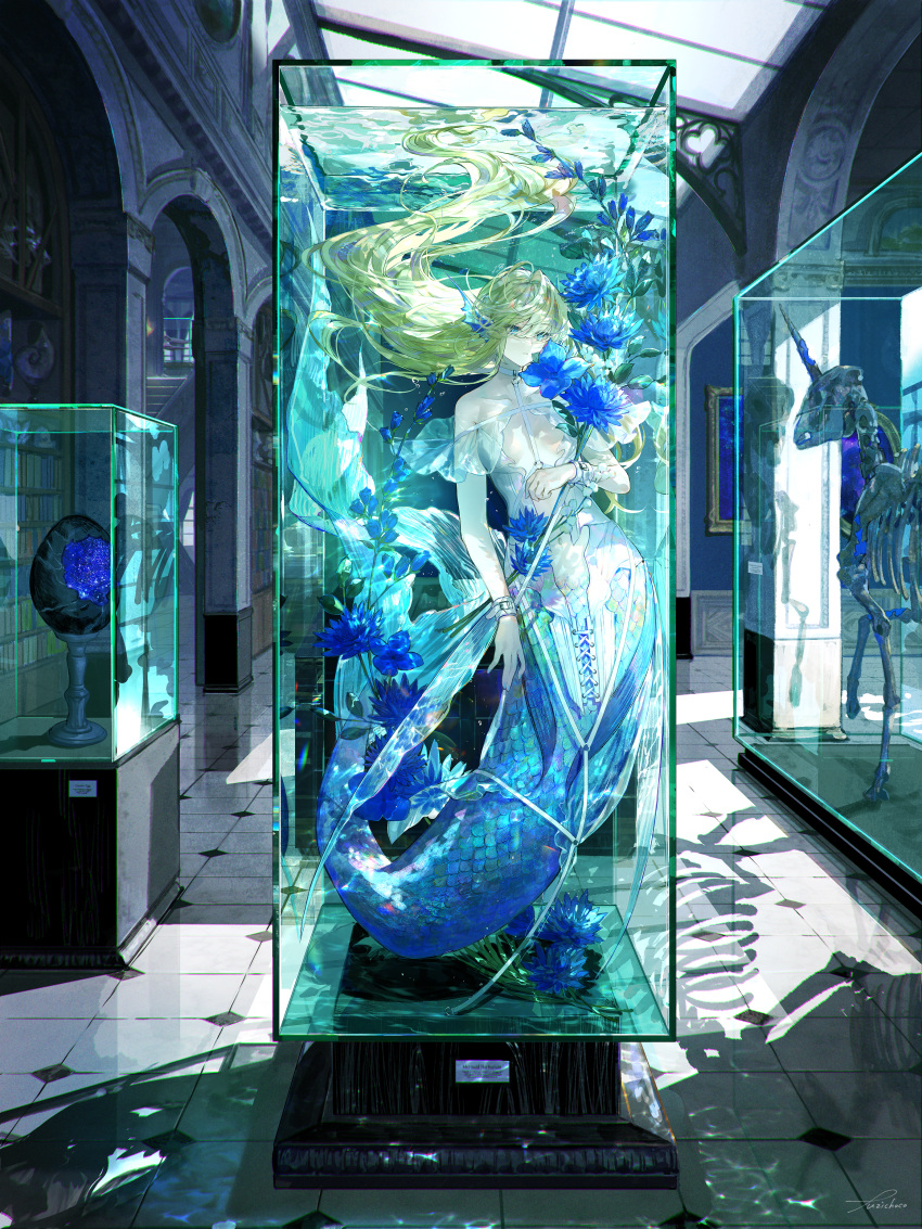 1girl absurdres animal_skeleton arch blue_flower dahlia dogwood_(flower) dress fins fish_tail floating_hair flower flower_request frilled_dress frills full_body fuzichoco gentiana_(flower) glass_ceiling green_hair head_fins highres holding holding_flower indoors long_hair mermaid monster_girl original picture_frame plant plunging_neckline restraints scales skeleton solo swept_bangs tail underwater unicorn very_long_hair water_tank white_dress wrist_cuffs
