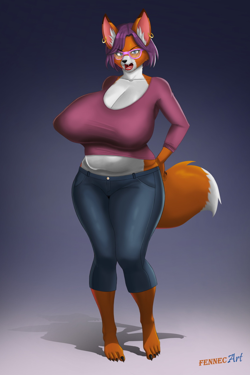 2023 absurd_res anthro artist_name barefoot belly big_breasts black_nose blue_eyes bottomwear breasts brown_body brown_fur canid canine cheek_tuft cleavage clothed clothing denim denim_clothing ear_piercing ear_ring eyebrows eyewear facial_tuft fangs feet female fennecart fox fully_clothed fur glasses hair hand_on_hip hi_res huge_breasts inner_ear_fluff jeans lipstick looking_at_viewer makeup mammal mature_female midriff multicolored_body multicolored_fur open_mouth pants piercing purple_hair ring_piercing shirt short_hair slightly_chubby solo teeth topwear tuft two_tone_body two_tone_fur white_body white_fur wrinkles