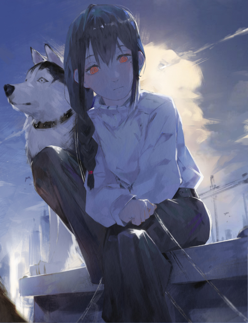 1girl absurdres belt black_pants blue_sky braid building chainsaw_man closed_mouth cloud collar day dog highres husky light_frown long_hair mole mole_under_eye nayuta_(chainsaw_man) niri_(eunhaha02) orange_eyes outdoors pants power_lines ringed_eyes single_braid sitting sky solo sun sweater sweater_tucked_in white_sweater