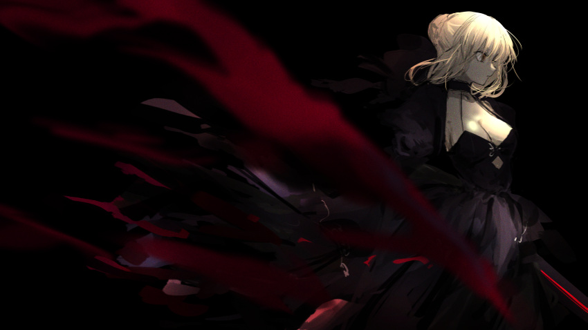 1girl arms_at_sides artoria_pendragon_(fate) black_background black_choker black_dress blonde_hair blurry blurry_foreground braid braided_bun breasts brown_eyes choker chromatic_aberration cleavage closed_mouth collarbone commentary_request cowboy_shot dress excalibur_morgan_(fate) expressionless fate/grand_order fate_(series) film_grain floating_hair from_side hair_bun highres holding holding_sword holding_weapon juliet_sleeves large_breasts long_sleeves looking_ahead narue profile puffy_sleeves saber_alter short_hair sidelocks simple_background single_hair_bun sleeves_past_fingers sleeves_past_wrists solo sword weapon