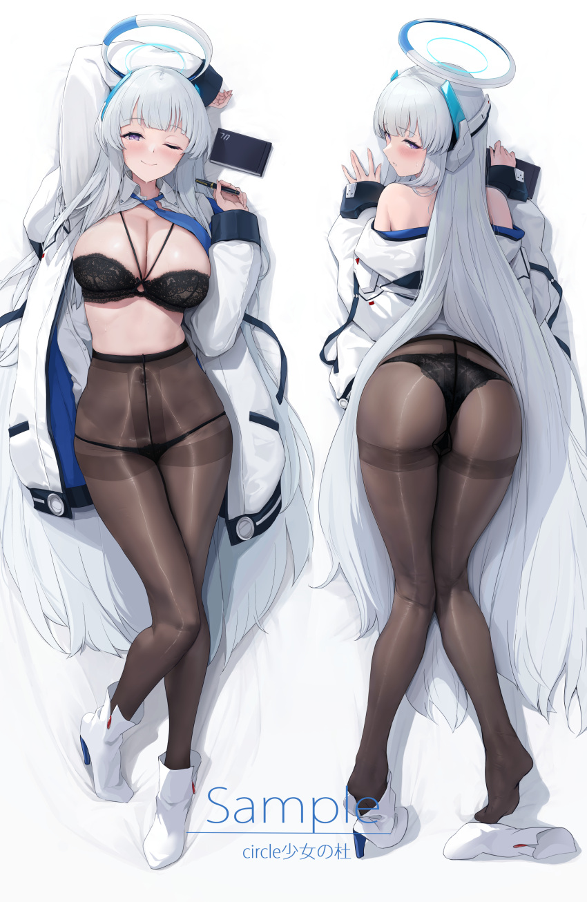 1girl \||/ absurdres against_wall akita_hika arched_back arm_up ass bare_shoulders black_bra black_panties black_pantyhose blue_archive blue_necktie blush bra breasts chestnut_mouth cleavage closed_mouth collared_shirt commentary_request covered_navel crotch_seam dakimakura_(medium) embarrassed fingernails from_behind full_body gusset half-closed_eyes halo hand_on_wall headgear highres holding holding_notebook holding_pen jacket lace lace_panties large_breasts leaning_forward legs_together long_hair long_sleeves looking_at_viewer looking_back mechanical_ears mechanical_halo multiple_views necktie noa_(blue_archive) notebook off_shoulder one_eye_closed open_clothes open_jacket open_shirt panties panties_under_pantyhose pantyhose parted_lips pen purple_eyes sample_watermark shirt simple_background smile thighband_pantyhose thighs underwear white_background white_footwear white_hair white_jacket white_shirt