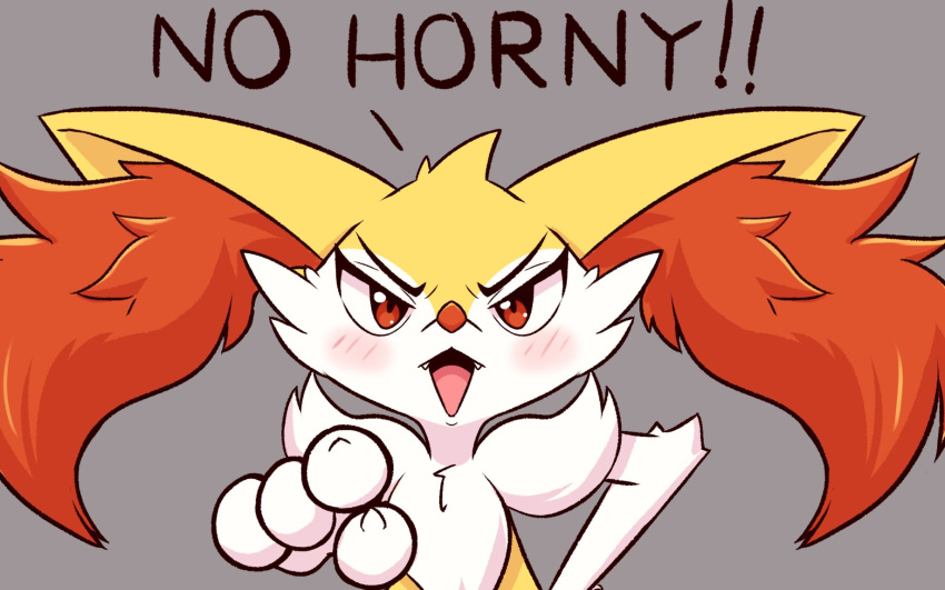 ambiguous_gender angry anthro blush braixen dialogue displeased fur generation_6_pokemon gesture grey_background hi_res jasminthemanticore nintendo pointing pointing_at_viewer pokemon pokemon_(species) red_body red_fur simple_background solo text white_body white_fur yellow_body yellow_fur