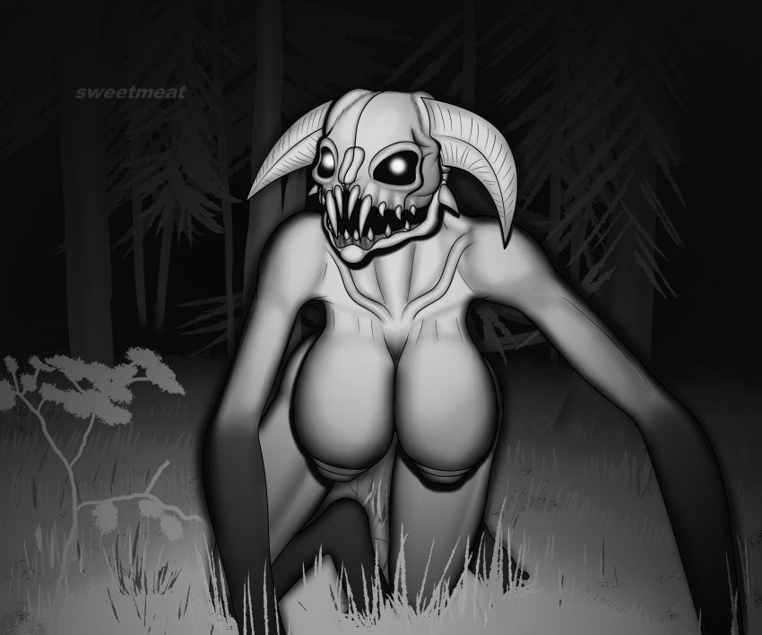 6:5 absurd_res all_fours anthro big_breasts black_and_white breasts creepy female forest forest_background hi_res horn humanoid kneeling looking_at_viewer mammal monochrome monster monstrous_humanoid nature nature_background nipples nude plant solo sweetmeat teeth tree