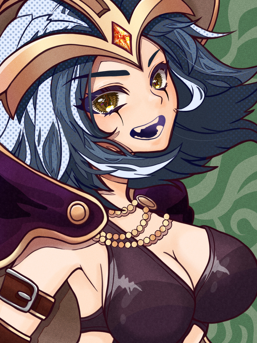 1girl absurdres arm_belt black_hair breasts cleavage green_background hair_ornament highres kawaguti_kappa large_breasts league_of_legends leblanc_(league_of_legends) looking_at_viewer makeup open_mouth short_hair simple_background smile solo teeth upper_body yellow_eyes