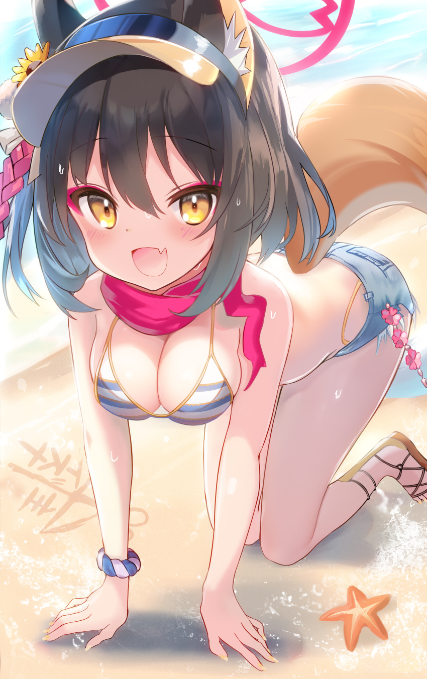 1girl absurdres all_fours animal animal_ears beach bikini black_hair blue_archive blush breasts cleavage eyeshadow fang fingernails flower fox_ears fox_tail hair_flower hair_ornament halo hat highres izuna_(blue_archive) izuna_(swimsuit)_(blue_archive) looking_at_viewer makeup medium_breasts nail_polish ocean official_alternate_costume open_mouth red_eyeshadow red_halo red_scarf sandals scarf short_hair skin_fang smile solo sorozukin starfish striped striped_bikini swimsuit tail yellow_eyes yellow_flower yellow_nails