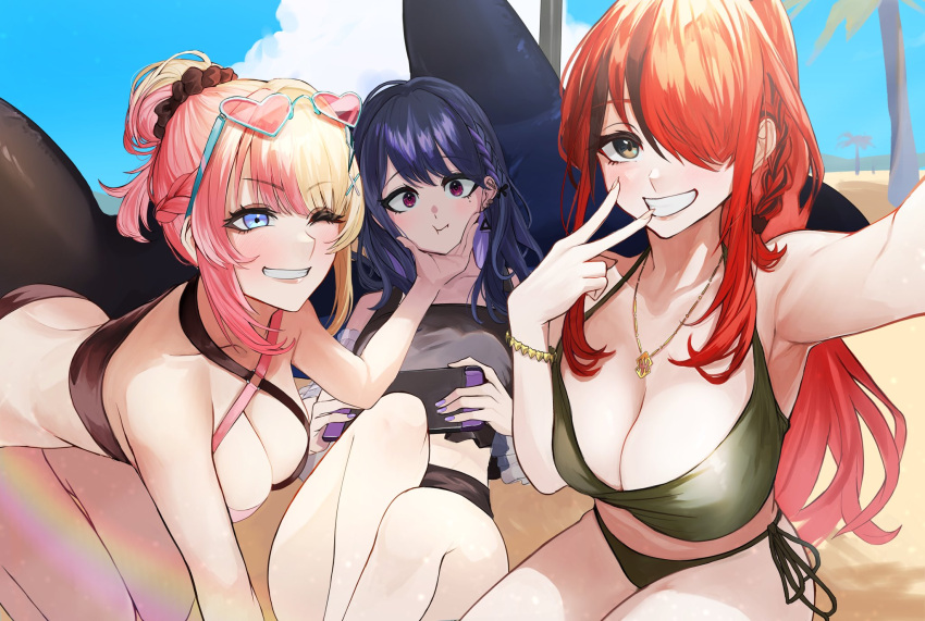 3girls ;d all_fours armpits ass beach bikini black_bikini black_hair blonde_hair blue_hair braid breasts brown_eyes brown_scrunchie cloud colored_inner_hair criss-cross_halter day eyewear_on_head french_braid green_bikini grin gyaru hair_bun hair_ornament hair_over_one_eye hair_scrunchie halterneck hand_on_another's_cheek hand_on_another's_face heart_bracelet highres inflatable_shark inflatable_toy koshimizu_toru kotoka_torahime lain_paterson large_breasts long_hair lying mole mole_under_eye multicolored_hair multiple_girls nekotokage nijisanji nintendo_switch on_back one_eye_closed palm_tree pink_bikini pink_hair ponytail purple_eyes purple_hair purple_nails reaching reaching_towards_viewer red_hair sand scrunchie selfie side-tie_bikini_bottom side_braid sitting sky smile split-color_hair streaked_hair sunglasses swept_bangs swimsuit tree two-tone_hair v very_long_hair virtual_youtuber x_hair_ornament