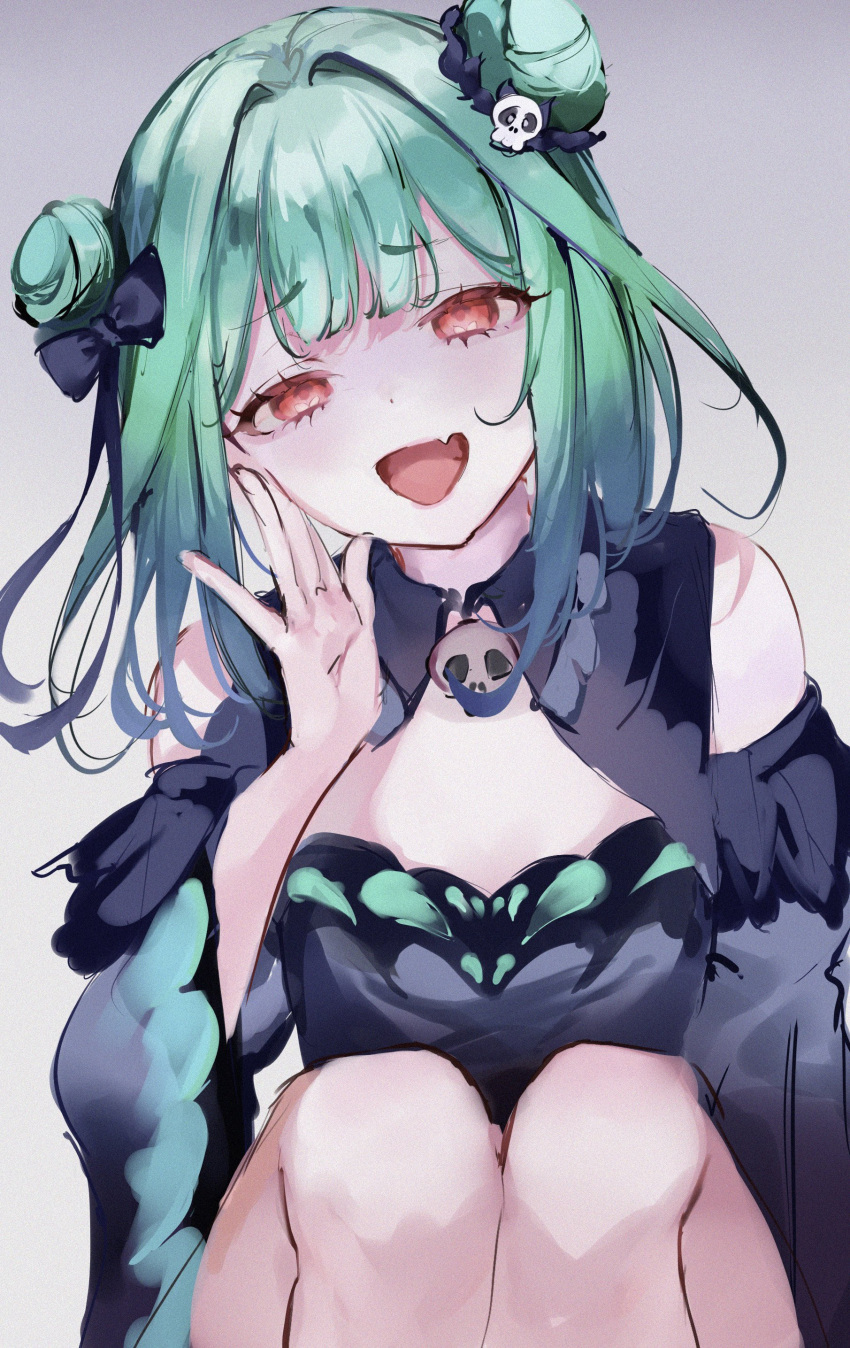 1girl :d absurdres bare_shoulders black_dress blush detached_sleeves double_bun dress false_smile fang feet_out_of_frame flat_chest green_hair hair_bun hair_ornament hand_on_own_face highres hololive knees_up looking_at_viewer medium_hair mile_(off8mile) open_mouth red_eyes skin_fang skull_hair_ornament smile uruha_rushia uruha_rushia_(1st_costume) virtual_youtuber wide_sleeves