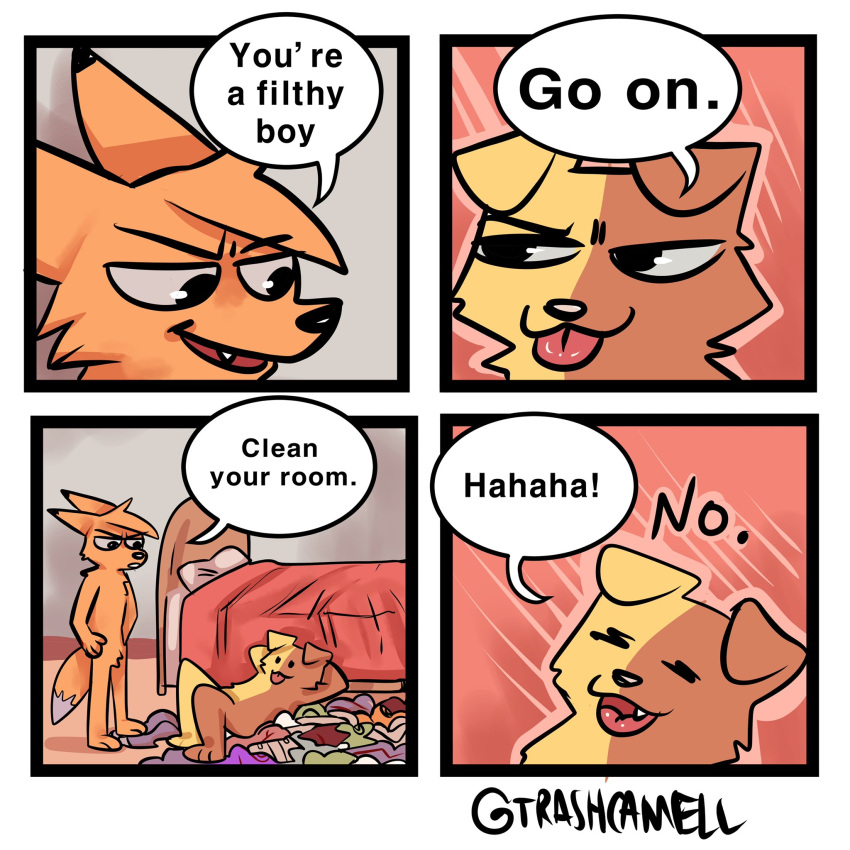 1:1 anthro bed bedroom bee_(trashcamell) brown_body brown_fur canid canine canis clothes_on_floor clothing comic dialogue domestic_dog duo eyebrows eyes_closed fangs featureless_crotch fox fur furniture hi_res humor looking_at_another lying male male/male mammal messy nude on_back orange_body orange_fur pillow raised_eyebrow soy_(trashcamell) tan_body tan_fur teeth tongue tongue_out trashcamell