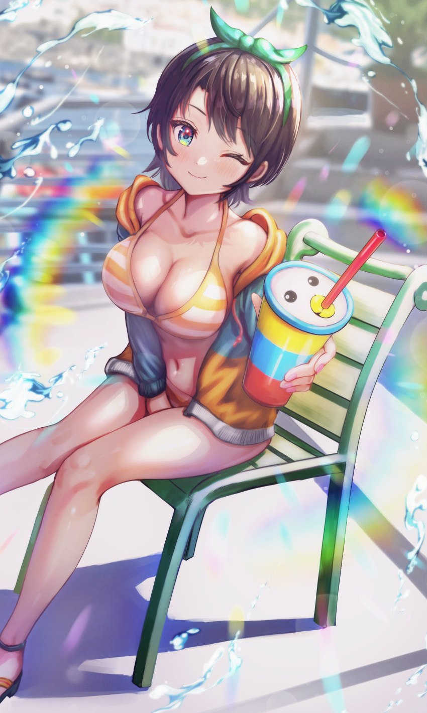 1girl absurdres arm_between_legs bare_legs bikini black_hair blurry blurry_background bow breasts chair cleavage collarbone commentary_request cup drinking_straw green_eyes hair_bow highres holding holding_cup hololive jacket large_breasts lens_flare looking_at_viewer marina nail_polish one_eye_closed oozora_subaru oozora_subaru_(3rd_costume) orange_bikini orange_jacket outdoors railing revision sitting smile solo striped striped_bikini swimsuit thighs virtual_youtuber wajuniorbox